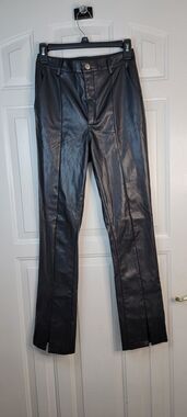 Women's Ayla Black Faux Leather Pants With Front Slit Size Small